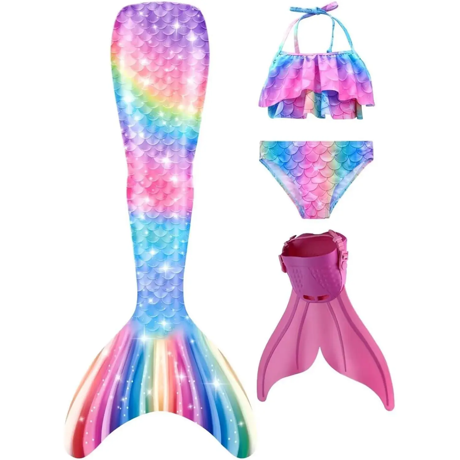 Girls' Mermaidtail Swimsuit Set, 4-Piece Bikini with Tail, Polyester Blend with Monofin