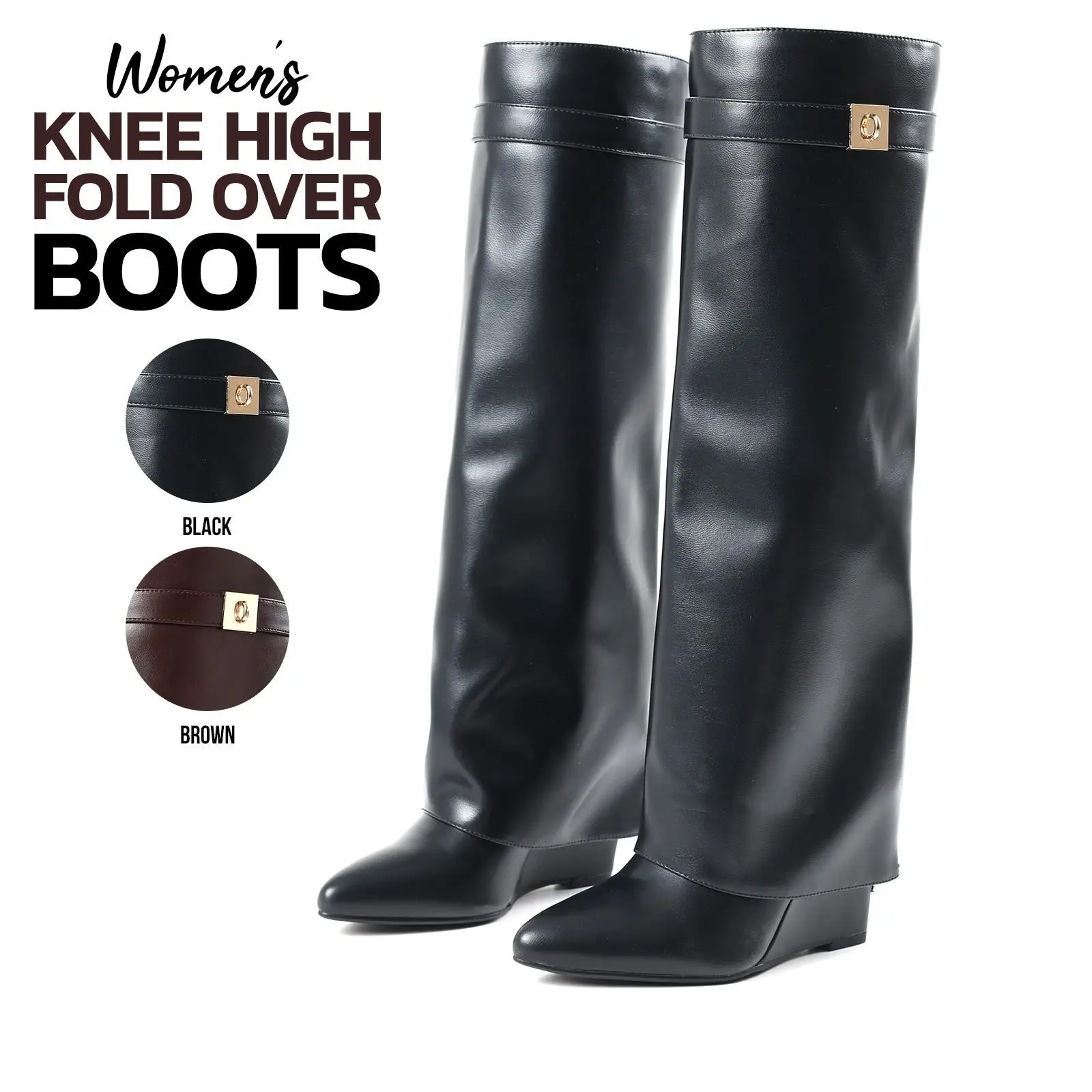 Women Knee High Boots Fold Over Pointed Toe Wedge Heel Lock Design Chic Elegant Western Style Fashionable Wedding Party Dress Club Graduation Holiday Brunch Business Photoshoot Casual Streetwear Festival Shark Trendy Comfortable Boots Modern Summer Shoes