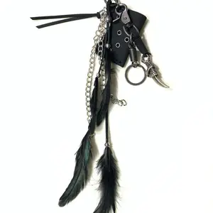 Visual Kei Black Furry Feather Glass Charm Keychain - Niche Punk Aesthetic Fashion Accessory
