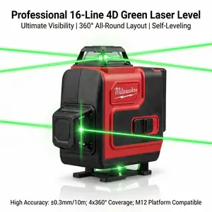 Milwaukee M12 16-Line Laser Level Kit for Professional Construction; 360° Vertical and Horizontal Cross Lines with ±0.3mm/10m Accuracy, 12V Lithium Battery, and 24-Hour Runtime for Precise Jobsite Layout.