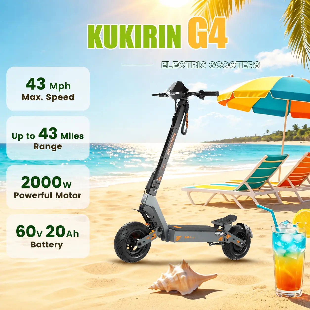 KUKIRIN G4 Foldable Electric Scooter for Unisex Adults - 2000W Motor, 43 MPH, 43 mi Range, Dual Disk Brake, 11" Off-Road Tires, Compact Commuter & Outdoor Fitness Scooter, 12-Month Warranty
