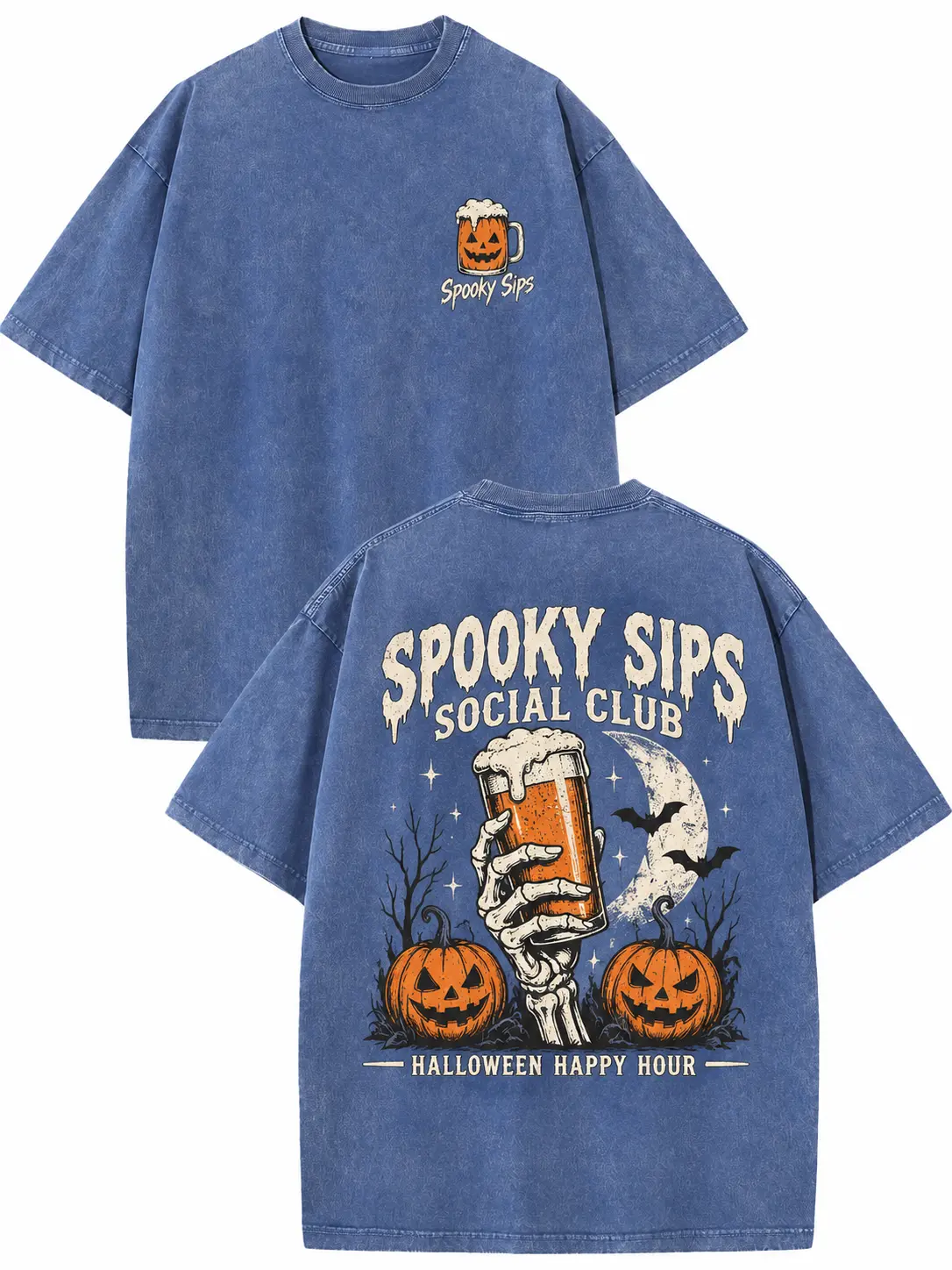 Men's Unisex Halloween Graphic T-Shirt - Spooky Sips Skeleton Beer, Funny Pumpkin Logo, Oversized Acid-Washed Heavy Cotton, Drop Shoulders Short Sleeve Vintage Streetwear (halloween t shirts)
