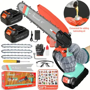 Mini Chainsaw Cordless 6 Inch Portable Electric Chainsaw with Security Lock/Automatic Oiler/Battery Powered Small Handheld Saw for for Tree Branches Courtyard  2*Battery,3 Chains