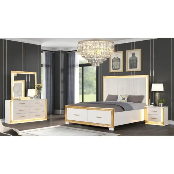 Bellemave OBSESSION Queen Complete Bedroom Set - 4PC Contemporary Wooden Material Bedroom Set with Gold Finish Indoor Furniture, Complete Bedroom Sets, Wooden Material Bedroom Sets