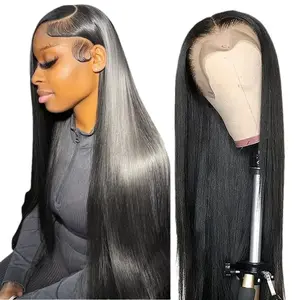 Fashion 40inch Long Straight Hair Wig with Front Lace Trim Middle Part Synthetic Fiber Pre Cut Wig for Stylish Looks king Kylie black wig