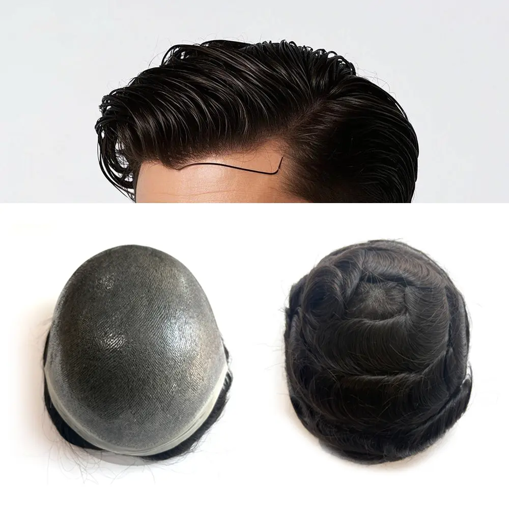 Men's Human Hair Toupee, Natural Look Hair System for Work, Gym, and Fashion - Breathable, Durable, Invisible Line, #1B Black, Male, Dates, Seamless Edge, Blended Look, Natural Hairline, Fashion Accessory, Blending Line, 100% Human Hair