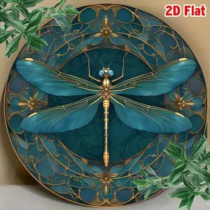 [Vintage Dragonfly Art] Vintage 8x8 Inch Round Aluminum Dragonfly Wall Art Sign, 1pc |   2D Flat, Intricate Golden Patterns, Pre-Drilled Hole for Easy Hanging wall art metal wall sign Vintage Metal Tin Sign home decor plaque funny bar sign