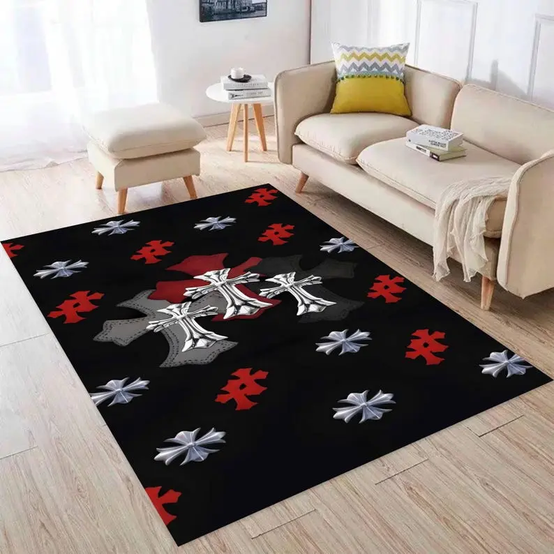 Gothic Cross Pattern DOORMAT Black Red Silver Symbolic Motif Living Room Floor Decor Carpet