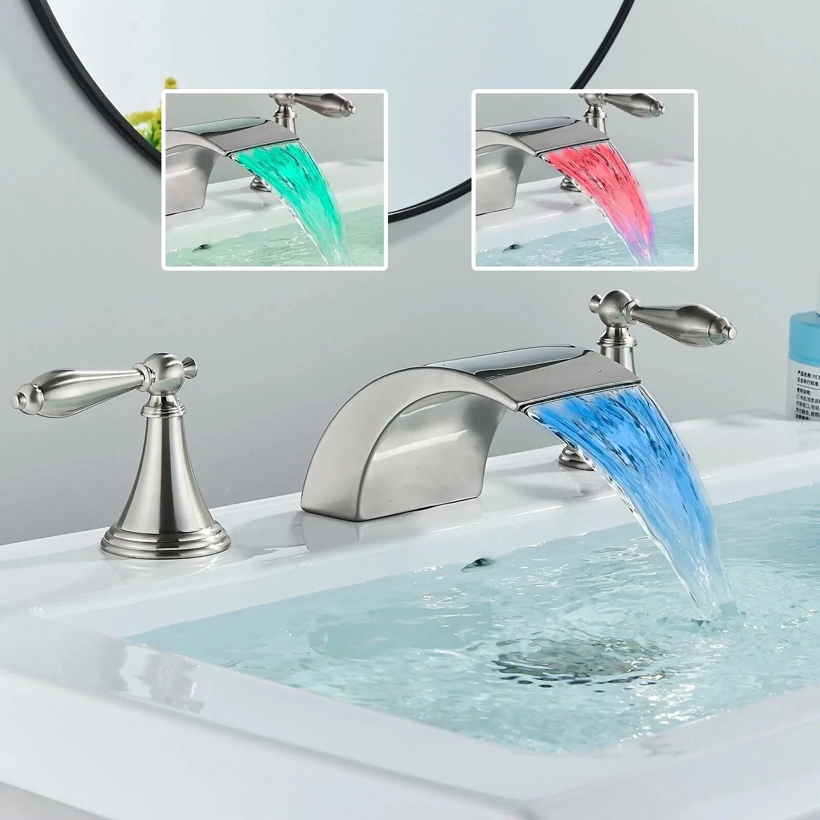 LED Light 8-in Widespread Modern Brushed Nickel Bathroom Sink Faucet, 3-Hole Basin Vanity Waterfall Mixer Tap, Waterfall Faucet For Bathroom Sink, Widespread Bath Faucets