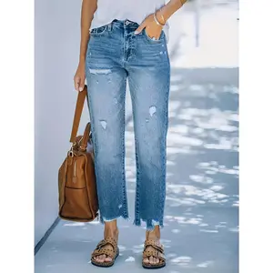 Ripped light blue casual nine minute straight wash jeans woman-Women's Raw Hem Ripped Distressed Jeans - Washed Blue Slash Pocket Denim Pants for Streetwear Style