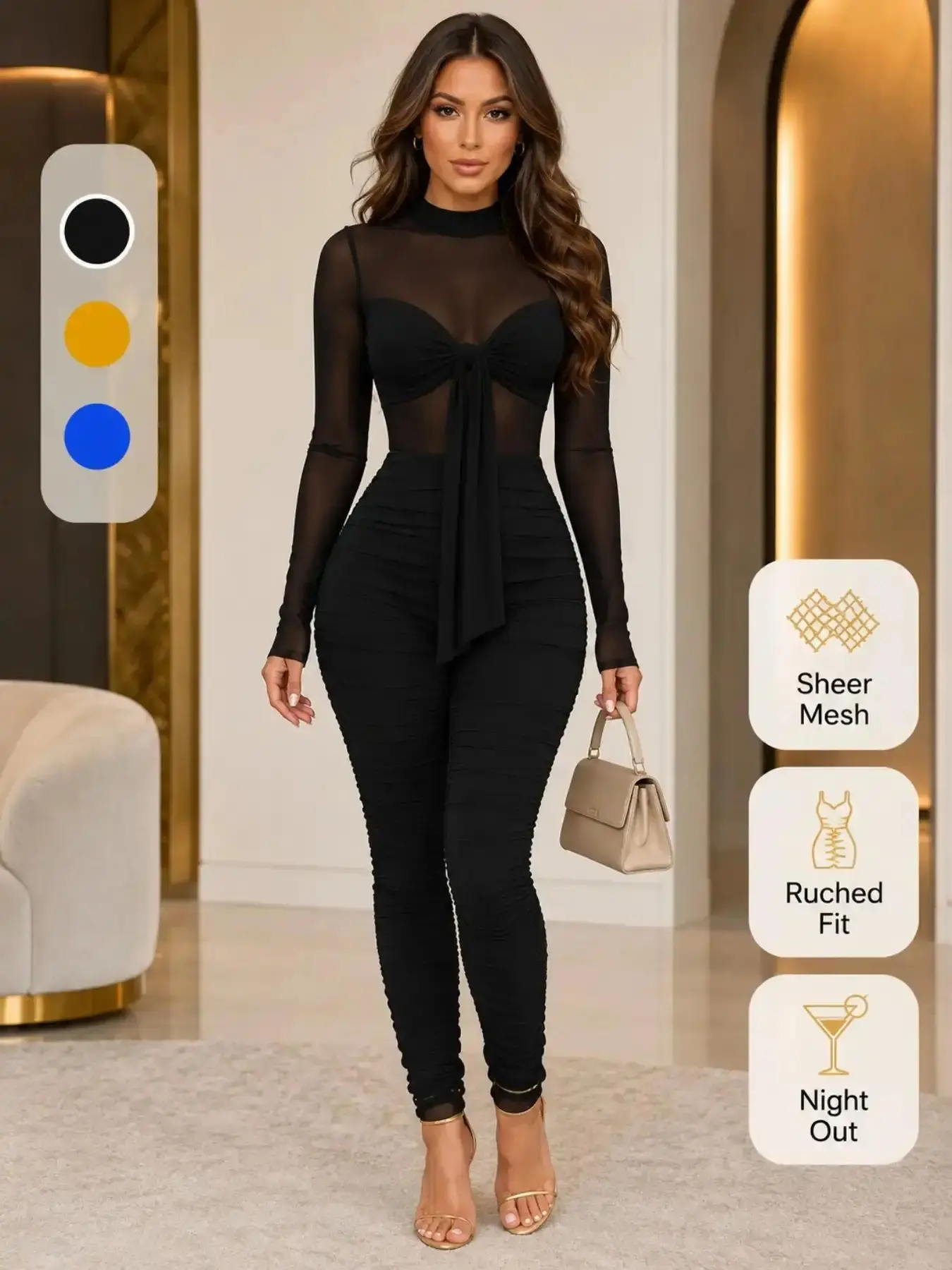 Graceful Sheer Mesh Jumpsuit Ruched Long Sleeve Sexy Party, Fitted Plain Surface Design, All-Season Wear, Unlined Comfortable Style, Premium Quality, Lingerie, Date Night, Everyday Essential, intimate elegance
