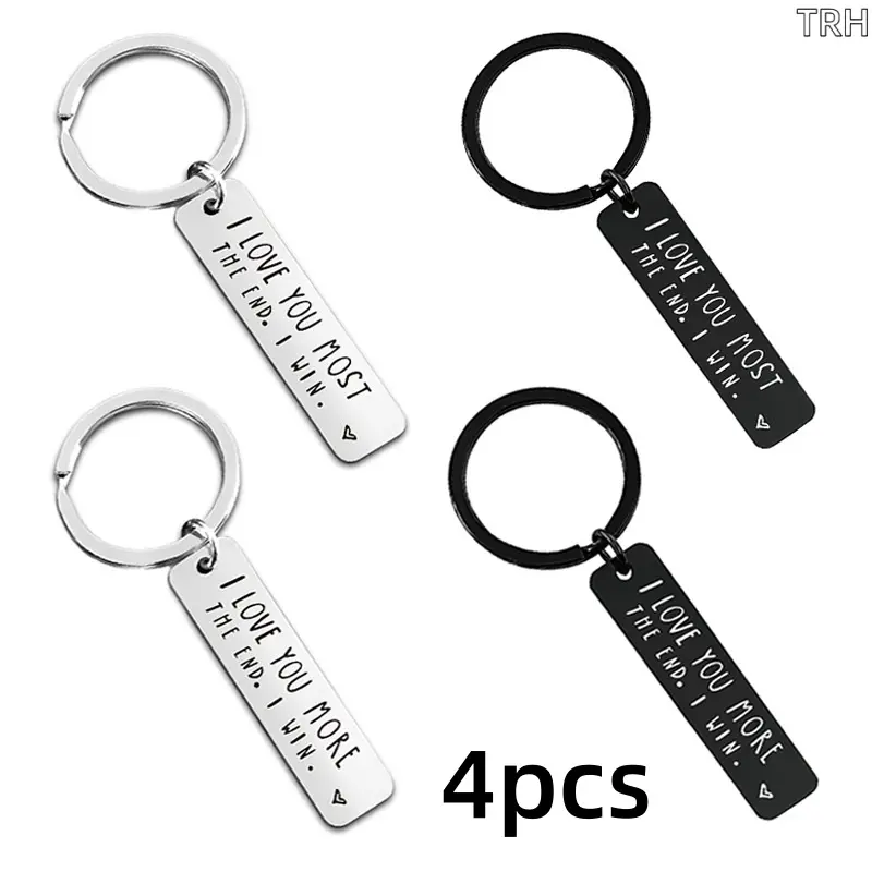 Stainless Steel Matching Keychains for Couples, Minimalist & Versatile Bar Pendant with Engraved "I Love You More The End. I Win." Quote, Scratchproof Rust-Resistant Charm, Gifts for Girlfriend, Birthday Anniversary Gifts for Her