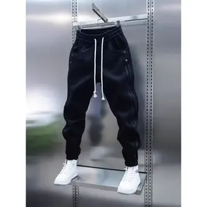 Men'S Casual Pants, Long Trousers for Men, Trendy Joggers with Drawstring Design, Streetwear Style, Large Pockets + Metal Button Accents, Adjustable Drawstring, Small Logo Embellishments; Versatile Everyday Wear for Various Outfits