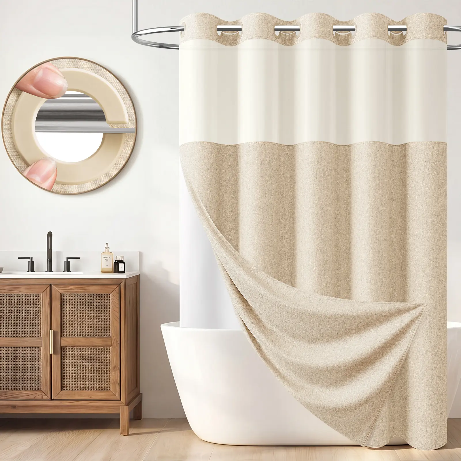 DYNAMENE No Hook Faux-Linen Shower Curtain Set with Snap-In Wahsable Liner, Mesh Window and Weighted Magnats, Two Layer Water-Resistant Machine Washable Bathroom Curtain for Home, RV, Hotel Use, Cortina de baño sin ganchos