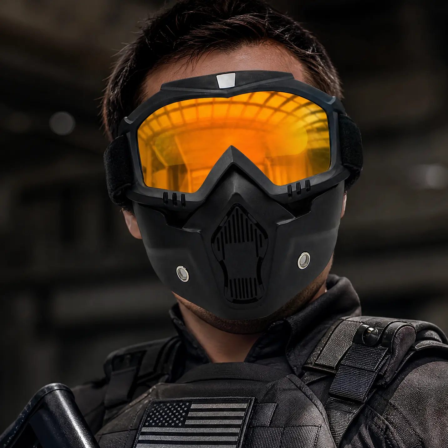 Full Face Protective Mask with UV400 Orange Lens Motocross Goggles - Anti-Impact, Tactical Windproof Face Cover for Motorcycle, Dirtbike Gear, Paintball, Outdoor Sports