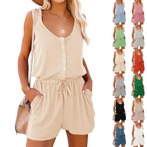 Goranbon Women's Summer Scoop Neck Sleeveless Button Down Tank Top Rompers Elastic Waist Shorts Outfits with Pockets