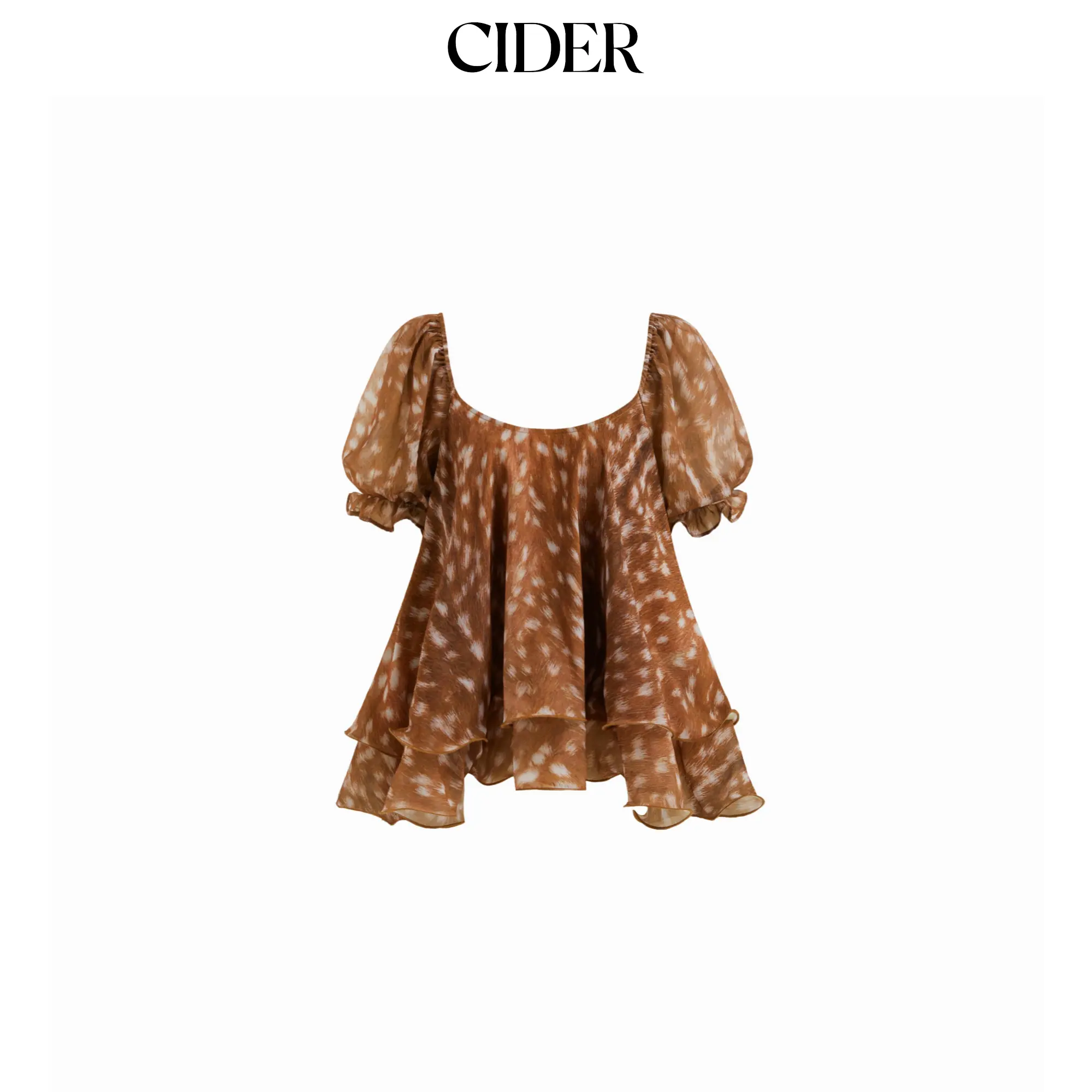 Cider Chiffon U-neckline Deer Print Tie Back Ruffle Puff Sleeve Blouse