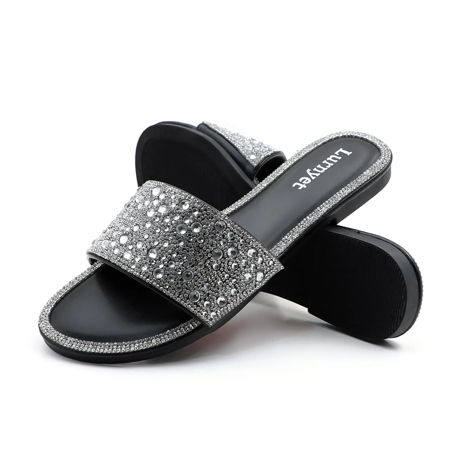 Women's Rhinestone Platform Slides, Casual PU Leather Open Toe Comfortable Low Heel Summer Shoes with Anti-Slip Sole, Casual Wear, Buttery Pu faux cover summer casual heel