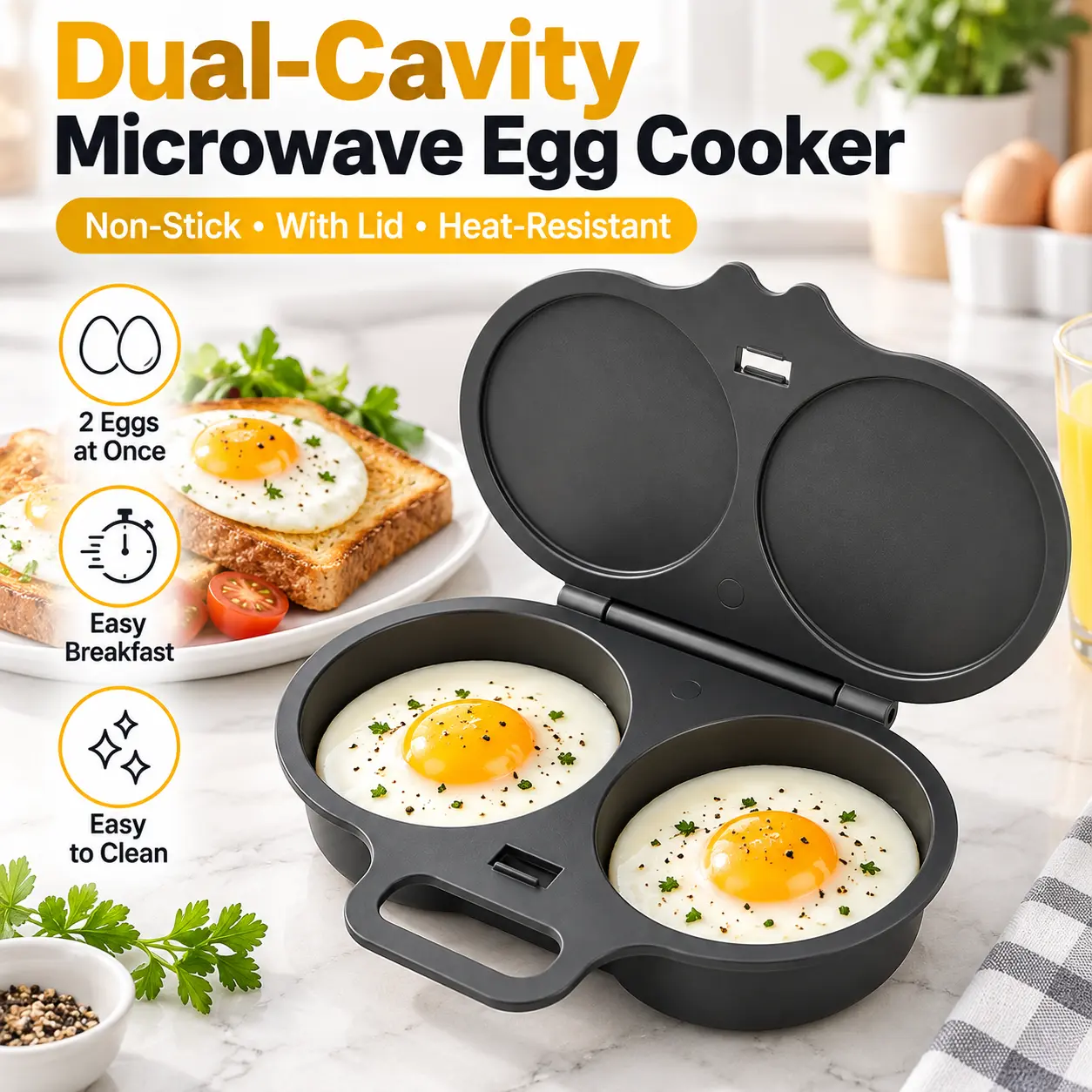 Dual-Cavity Microwave Egg Cooker with Lid - Non-Stick, Heat-Resistant, Easy to Clean Kitchen Utensil for Quick 2-Egg Modern Breakfast Prep
