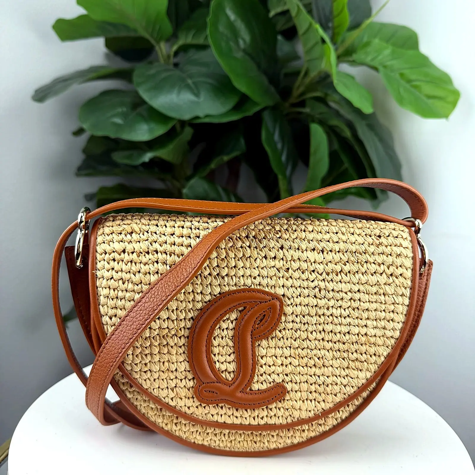 Pre-owned Woven Raffia Crossbody bags Authentic Christian Louboutin Half Moon Saddle Crossbody Bag Woven Raffia, Pre Loved Luxury Bag, Raffia Weave
