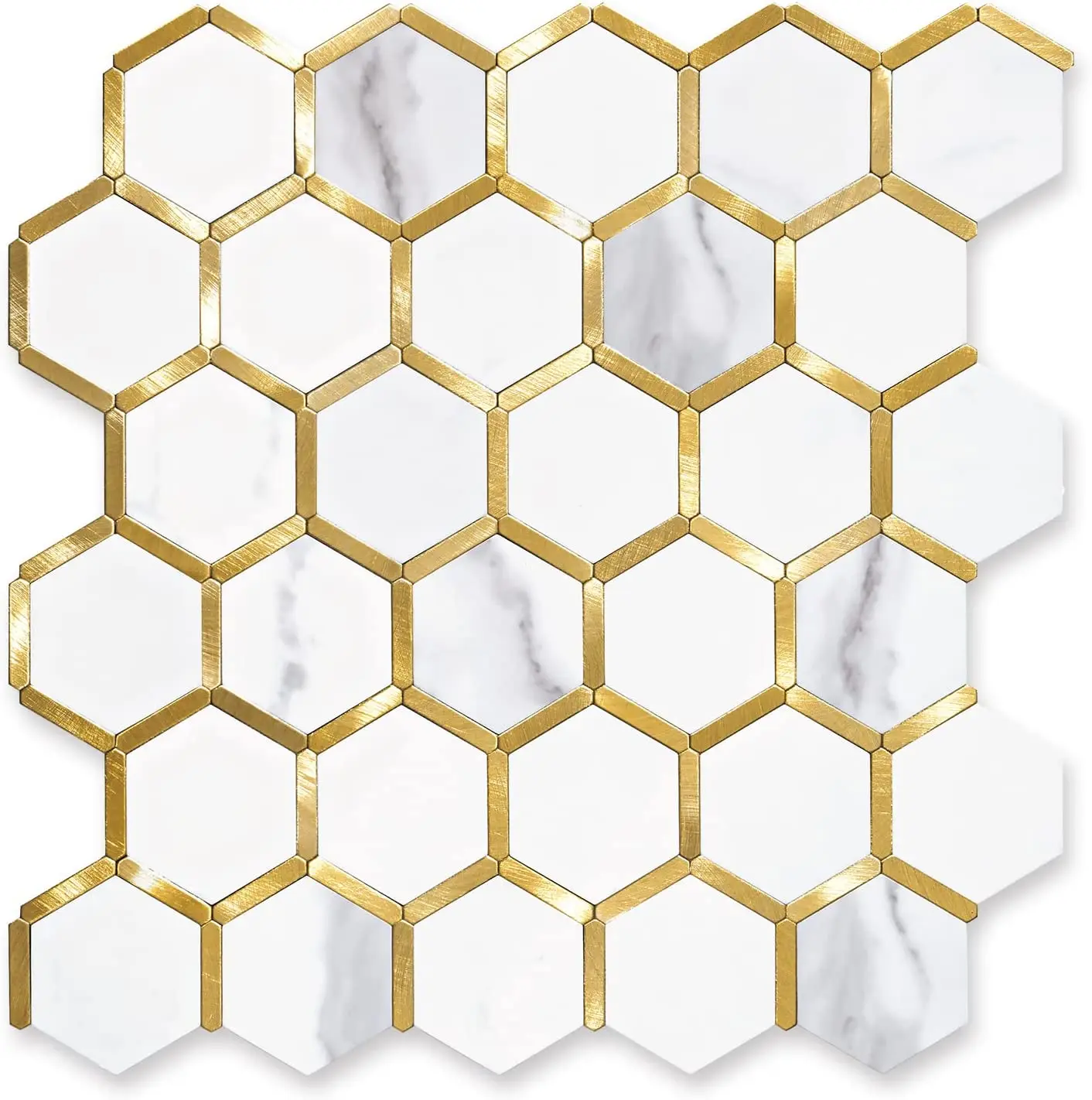 STICKGOO 10Pcs Water Proof Hexagon Peel and Stick Backsplash, Wall Decor Decorations Supplies Stick on Backsplash for Kitchen/Bathroom - White Marble