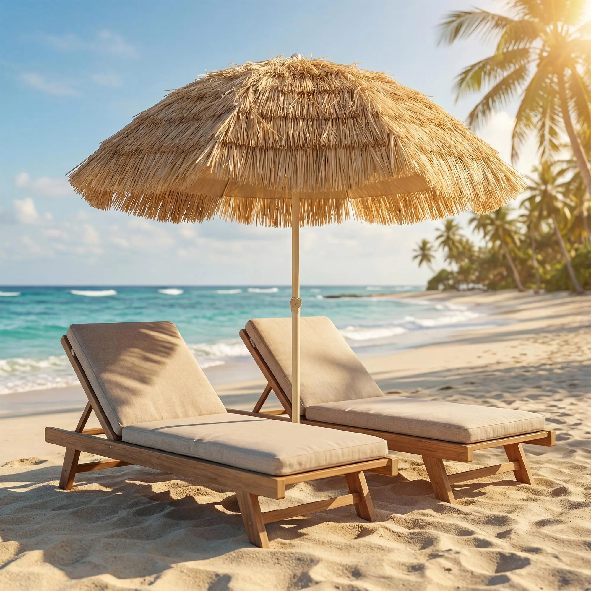 6Ft Umbrella With Faux Straw Canopy For Backyard Or Pool Spiral Base Anchors In Sand 8 Fiberglass Ribs UPF30 Plus For Beach Or Tropical Party