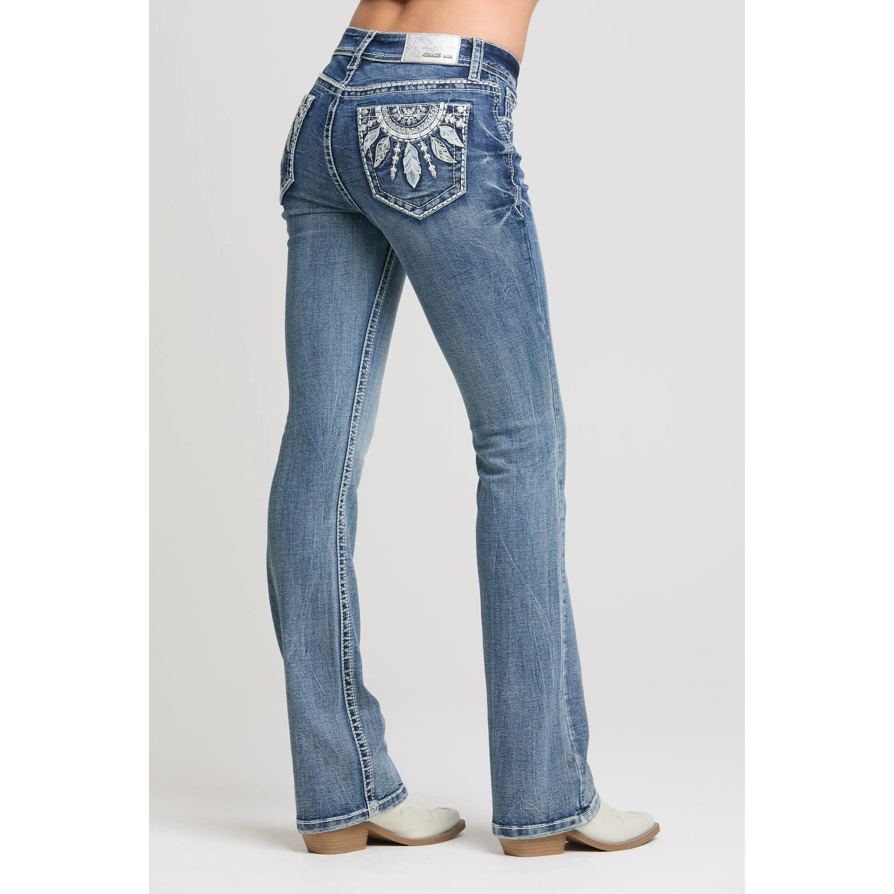Dream Catcher Bootcut Jeans Women Mid Rise Western Embellished Stretch Cowgirl Denim