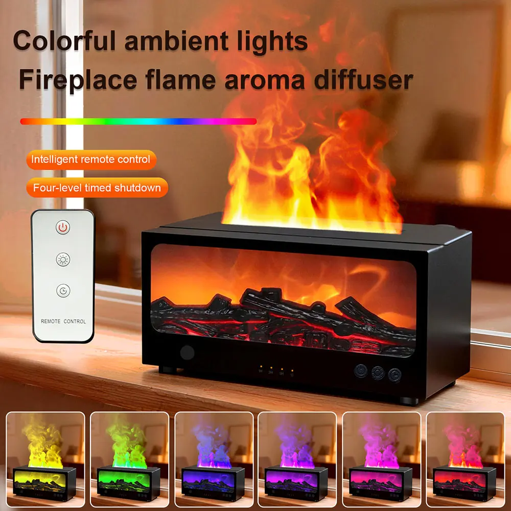 2-in-1 Flame Effect Bedside Table Lamp with Humidifier, Aroma Diffuser & Remote Control - Fireplace Look Indoor Decor, Timer Function, Quiet Sleep Night Light, Type-C Cable for Indoor Lighting Home Improvement, Indoor Use