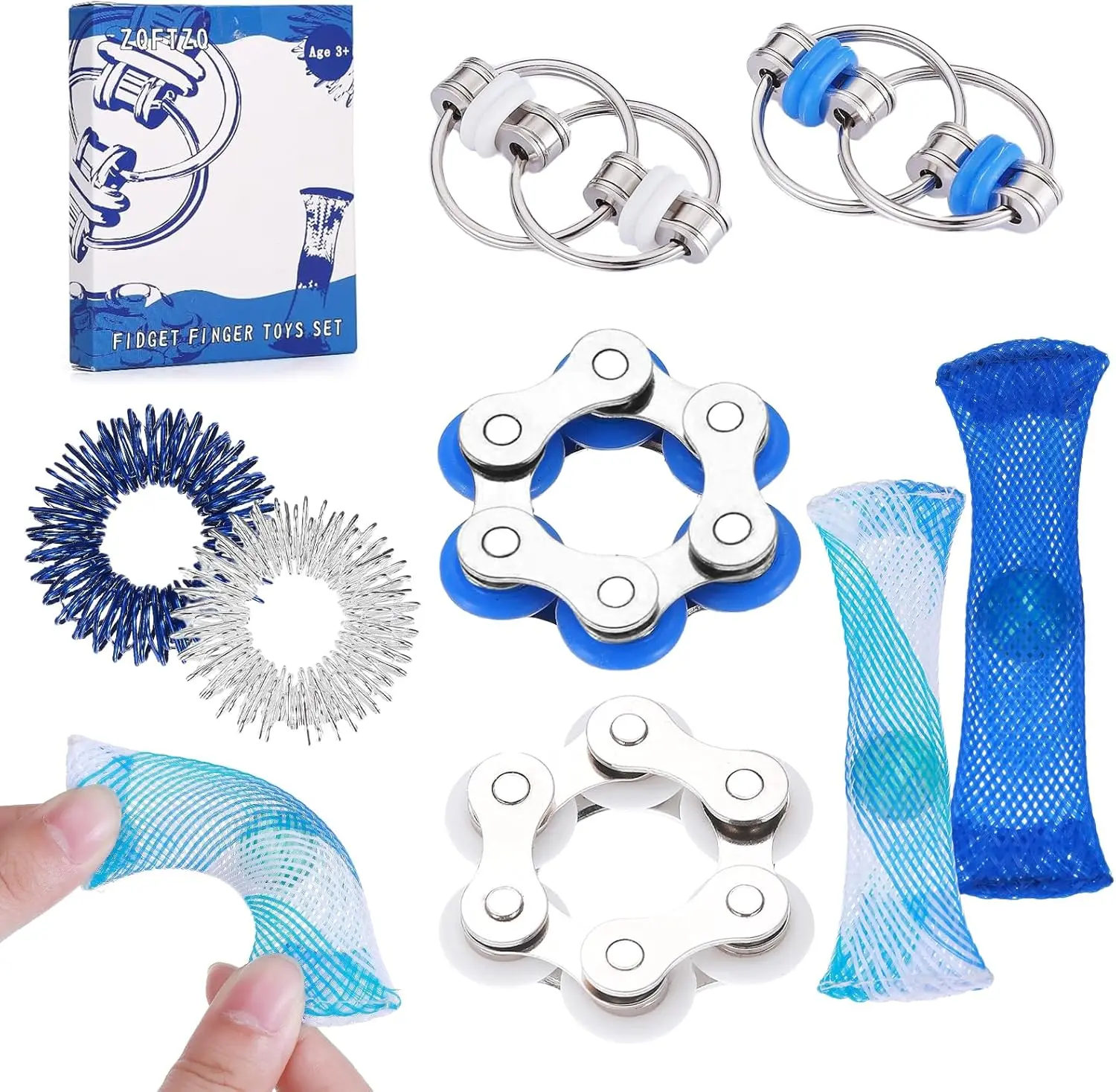 8PCS Sensory Fidget Toys Pack, Flippy Roller Bike Chain, Fidget Spinner, Mesh Marble, Acupressure Rings, Silent Anxiety & Stress Relief Toys for Kids, Teens & Adults, Easter Basket Stuffers