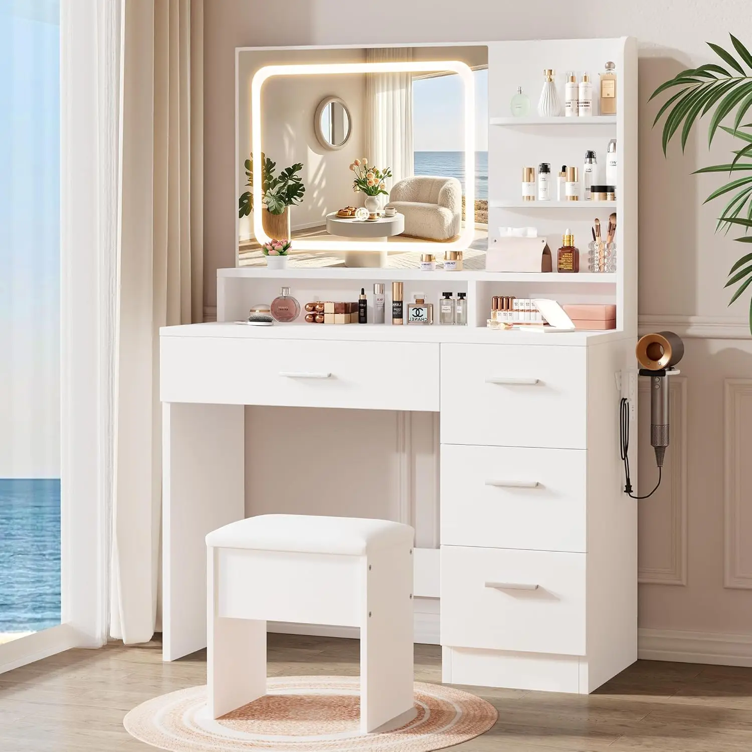 Makeup Vanity Desk Set, 35.4“Wx15.7”Dx53.9“H, White (Smart LED Mirror, with Cushion Stool, Hairdryer Rack, Power-Outlet, 4 Drawers, Open Shelves)