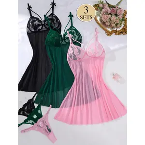Christmas Surprise 6pcs Set, Multi-Color Embroidered Mesh Patchwork Pajamas, No Hard Ring Semi-Transparent Sexy Camisole Dress with Bow Decoration and Fashionable Bra, Soft Comfortable Women'S Short Nightgown