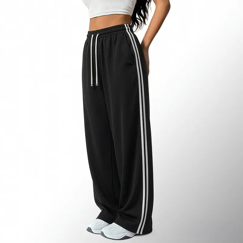 Women's 1-Pack Polyester Striped American Retro Straight-Leg High-Street Drawstring Joggers - Machine Washable Casual Athletic Loose Baggy Skater Streetwear Pants for Spring,Summer, Polyester Pants, Baggy Skater Pants