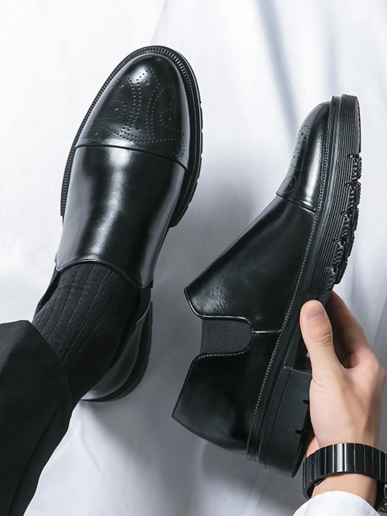 Men's Pointed Toe Low Heel Brogue Pu Leather Shoes, Business Formal Wedding Dress Shoes, Elegant Carved Design, Comfortable Fit