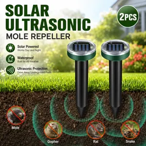2 Pack Solar Ultrasonic Mole Repellent Stake Outdoor Waterproof, Solar Powered Gopher Vole Rodent Snake Deterrent Spike with Sonic Vibration for Lawn, Garden, Yard, Farm, Groundhog Chipmunk Control, Animal Repellent Outdoor