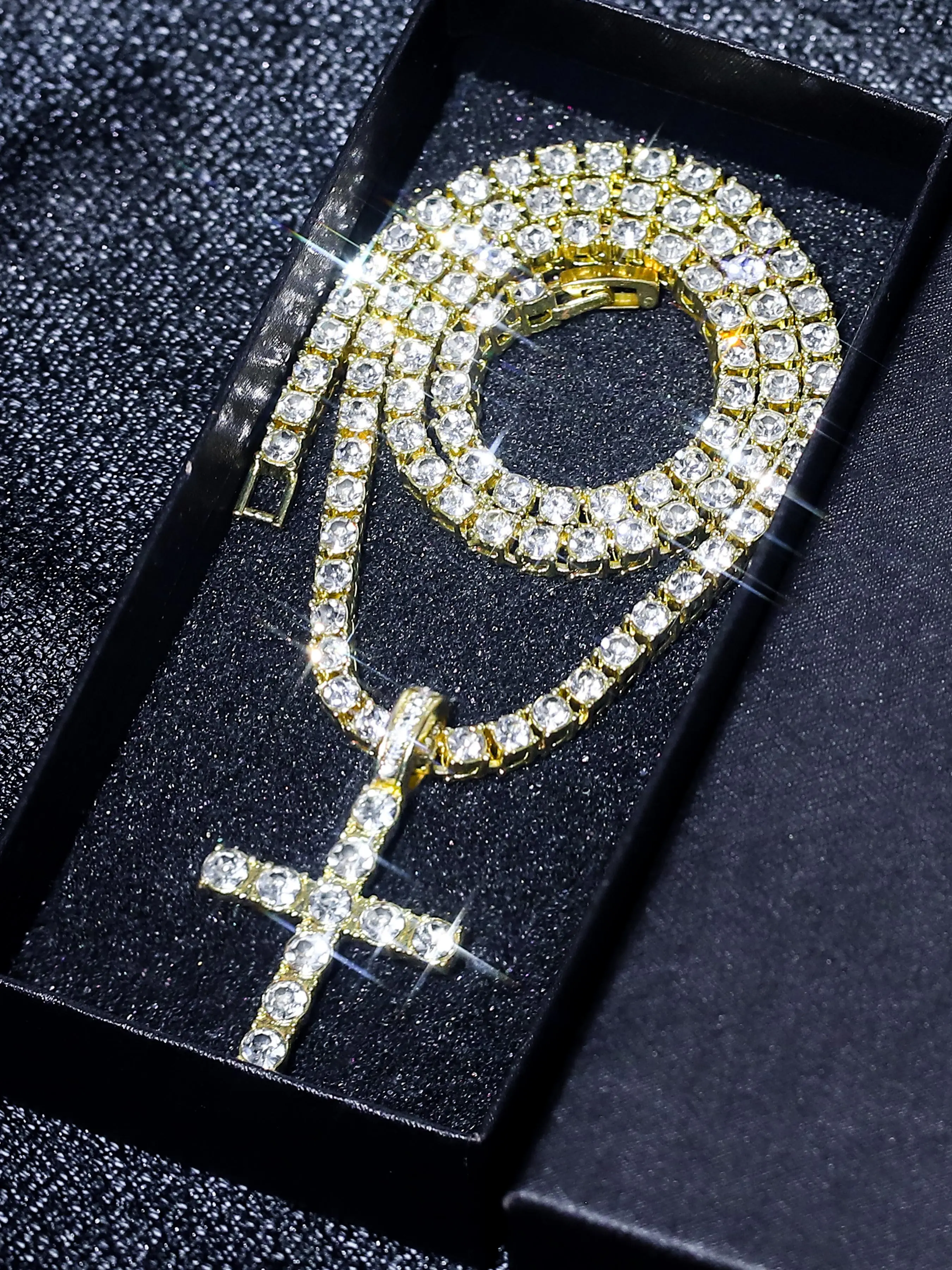 Rhinestone Decorated Tennis Chain, Cuban Link Chain & Pendant Necklace, Iced Out Cross, Fashion Jewelry for Party, Daily Clothing Decor, Trendy All-match & Exquisite Jewelry for Birthday Gift, Rhinestone Decorated Bling