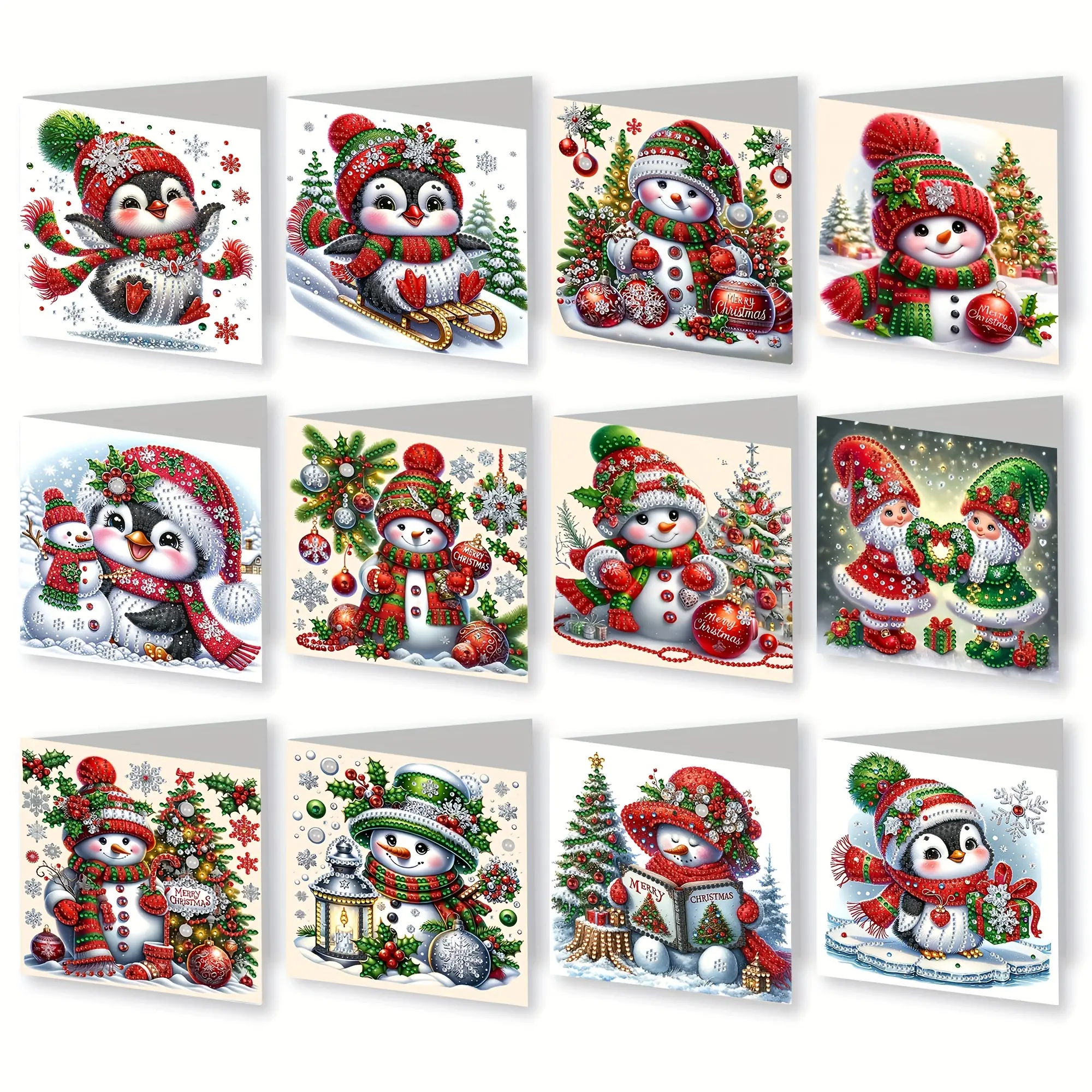 12 DIY Christmas Winter Diamond Painted Greeting Cards with Envelopes, Diy Card Set, Anime Themes, Irregular Shapes, Paper Materials, Unique Creative Designs, Beautiful Gift Detail Coloring, Christmas Cards, Holiday Cards