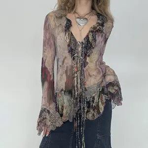Bohemian Chic| Y2K-Inspired Floral Tie-Dye Mesh Blouse with Ruffle Detail - Lightweight, Semi-Sheer Long Sleeve Vintage Top for Women, Machine Washabl