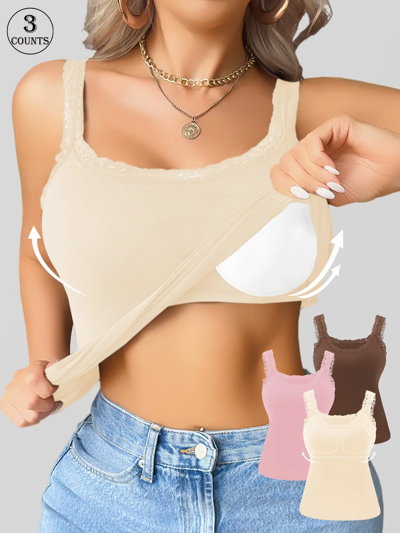 3pcs women high stretch sleeveless basic tank top with lace trim round neck built in lining breathable and comfortable for daily wear Womenswear