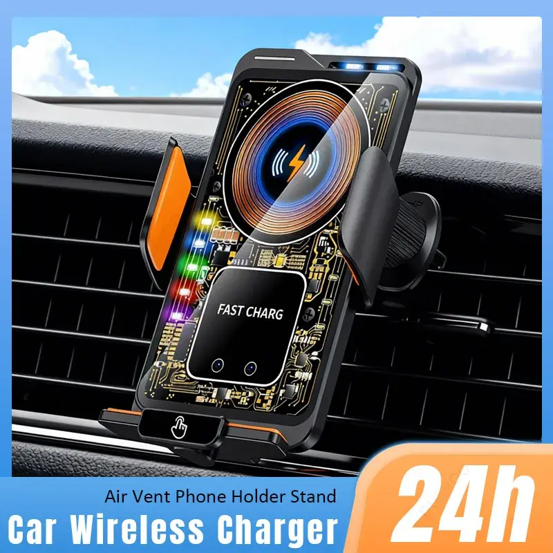 Max 66W Magnetic 15W Car Wireless Charger Fast Charging Auto-Clamping RGB Light Phone Holder Stand Bracket For iPhone Samsung