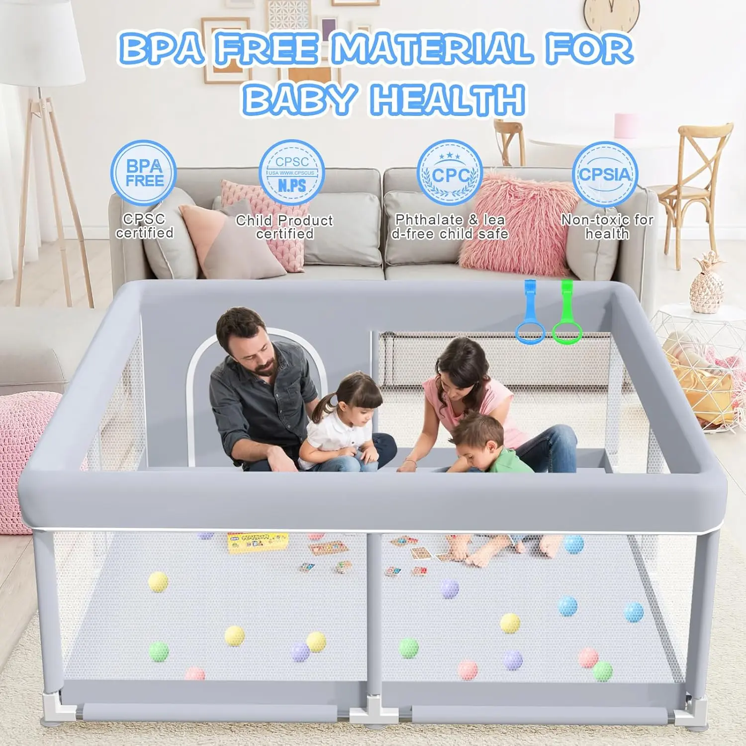 Large Baby Floor Playpen, 50x50 Inch Polyester Mesh Safety Activity Center for Toddlers, Easy to Assemble for Indoor & Outdoor Use with Anti-Slip Suction Cups, Grey, Indoor Play Equipment, Easy Assemble Playard, Safety Play Yard