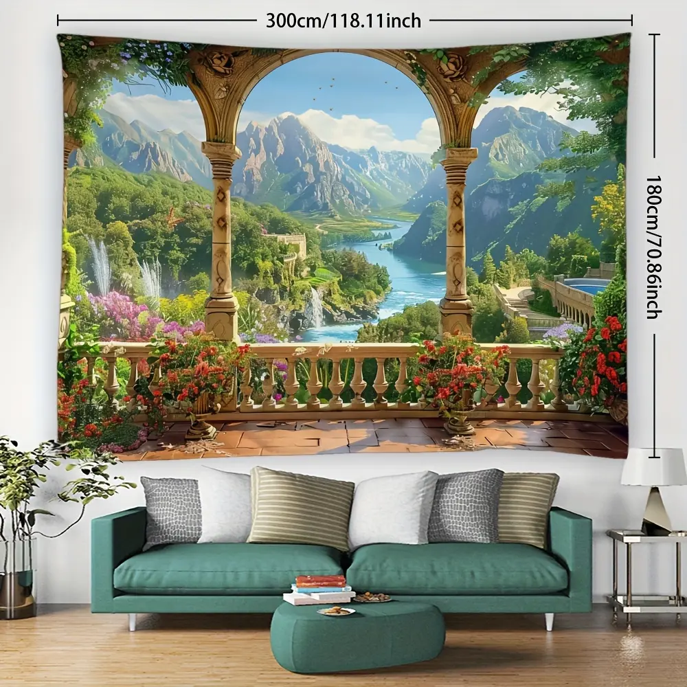 Green Landscape Wall Tapestry - 1-Piece Bohemian Style Decorative Wall Hanging, Flower Pattern Room Art with Plants, River, Mountains for Bedroom, Living Room (No Installation Package)