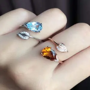 The Enchanted Pear-Cut Leaf Wrap Ring | Adjustable Gemstone Open Band | Fairycore Botanical