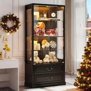 67" Tall Display Cabinet With Glass Doors And 2 Drawers Adjustable Glass Height Curio Cabinet With 3 LED Lights And Human Body Sensor
