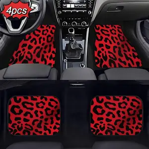 4-piece set of stylish red leopard print car mats, Car Accessories, made of polyester, water-absorbent and non-slip, washable, suitable for all car models, providing fashionable in-car floor protection