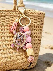 Fashionable Sea Turtle Silicone Beaded Keychain With Tassel, Ocean-Themed Bag Charms,Shiny Alloy Keychain,Beach Bag Charm,Realistic Ocean Animal Creative Pendant, Decorative Backpack Accessory, Car Key Anti-Lost Chain,Silicone Beads, Trendy Cute Keychain