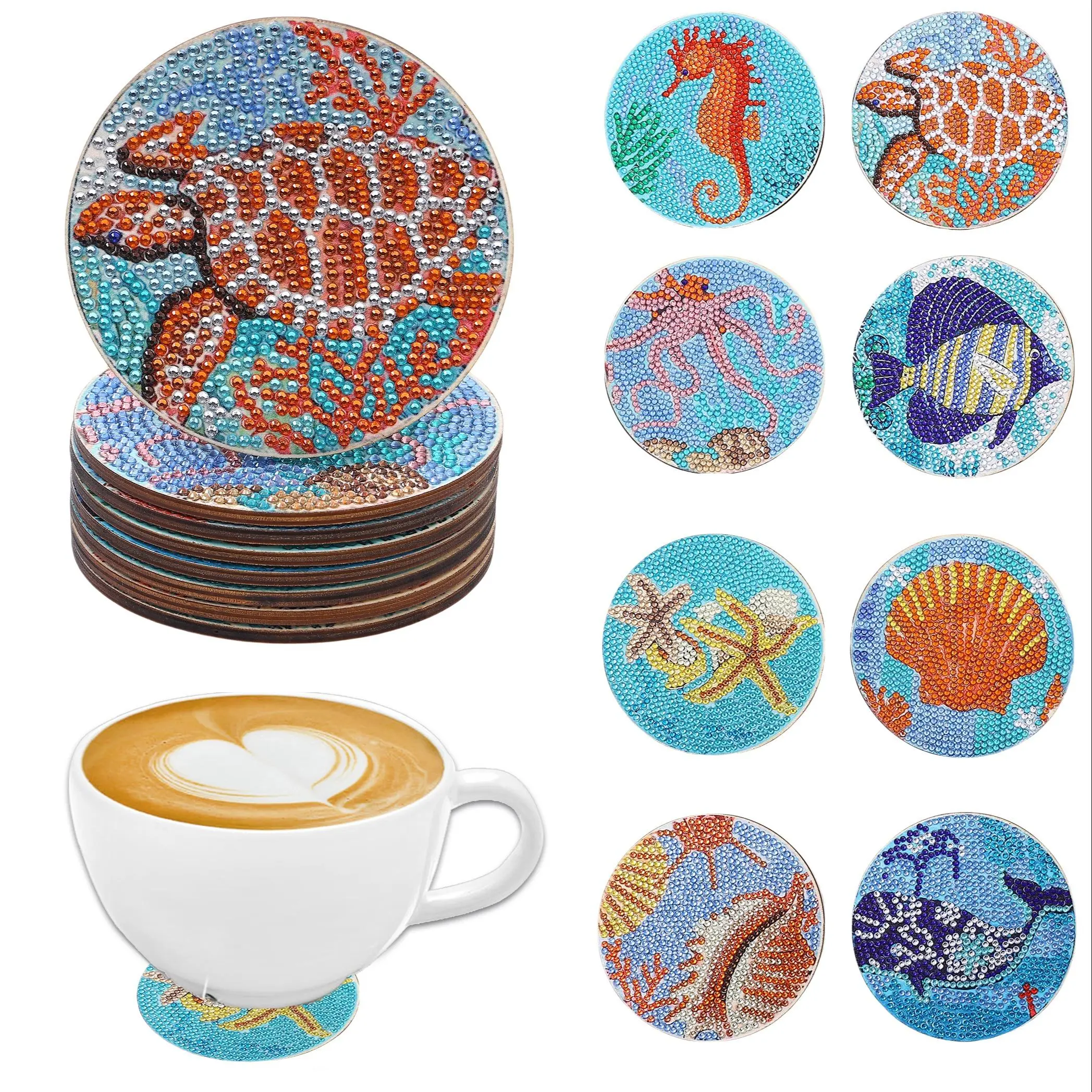 Marine Creature Pattern DIY Diamond Arts Colorful Painting Round Coaster, 8pcs/set DIY Wooden Coasters, Home Decoration, Adult Desk Accessories