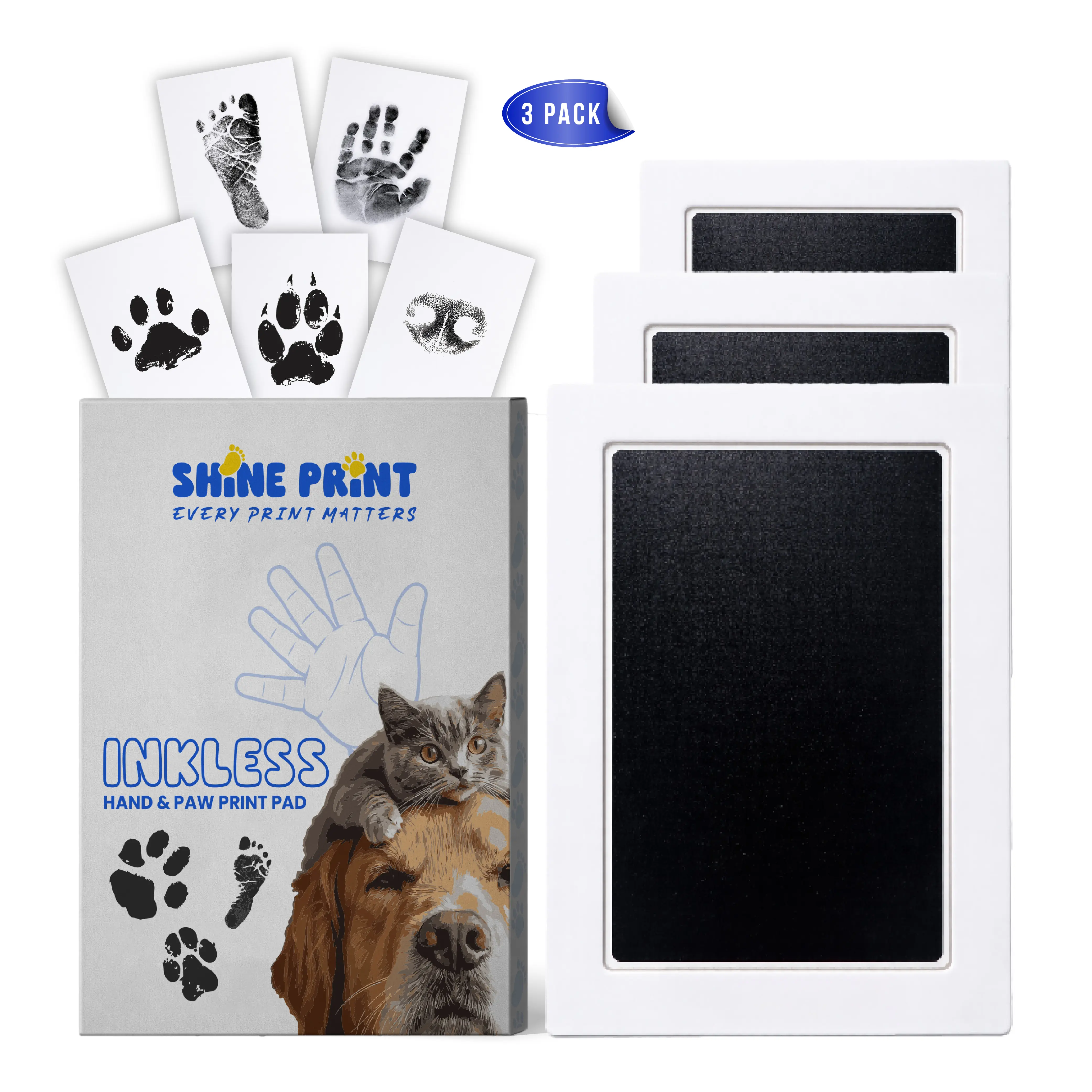 Shine Print 3-Pack Inkless Handprint & Paw Print Keepsake Kit – for Baby Hand & Footprints, Dog & Cat Paw and Nose Prints, 3 Clean Touch Ink Pads with 6 Impression Cards  Mess-Free & Safe (Jet Black)