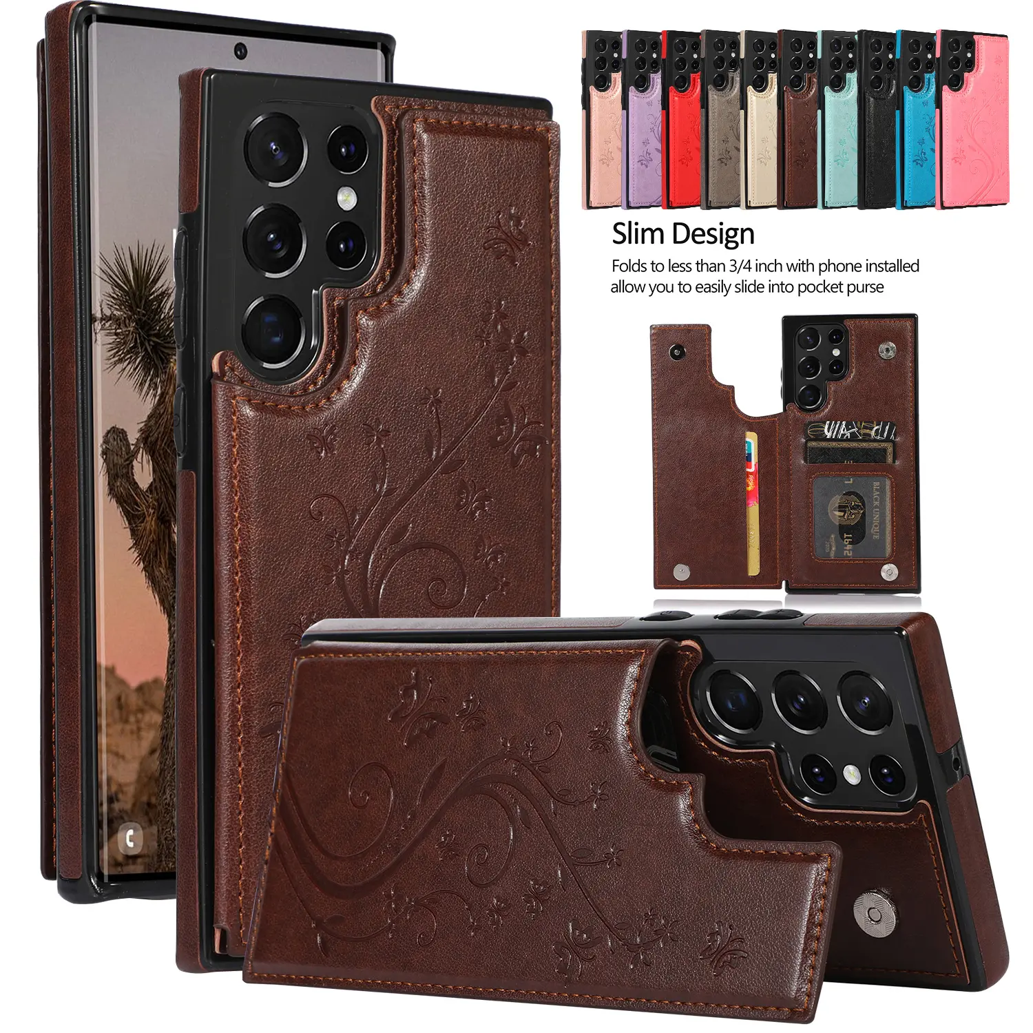 HISTORYOO For Samsung Galaxy S26 Ultra S25 S24 Plus S23 FE S22 Case Soft PU Leather Retro Embossed Butterfly Flower Shockproof Wallet Double Magnetic Clasp Protective Flip Fold Stand 3 Card Slots Pocket Women Soft Folio Cover Mom