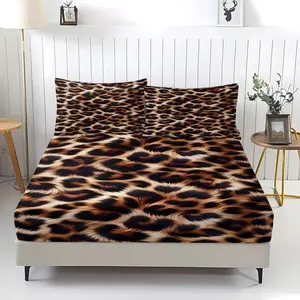 3 Pcs Fluffy Brown-Black Leopard Print Fitted Sheet Set, 1 Fitted Sheet & 2 Pillowcases (no filler), Fluffy Leopard Pattern, Fits Bedroom/Homestay/Dorm Decor, Ideal for Warm Texture Fans/Students/Families/Holiday Gifters