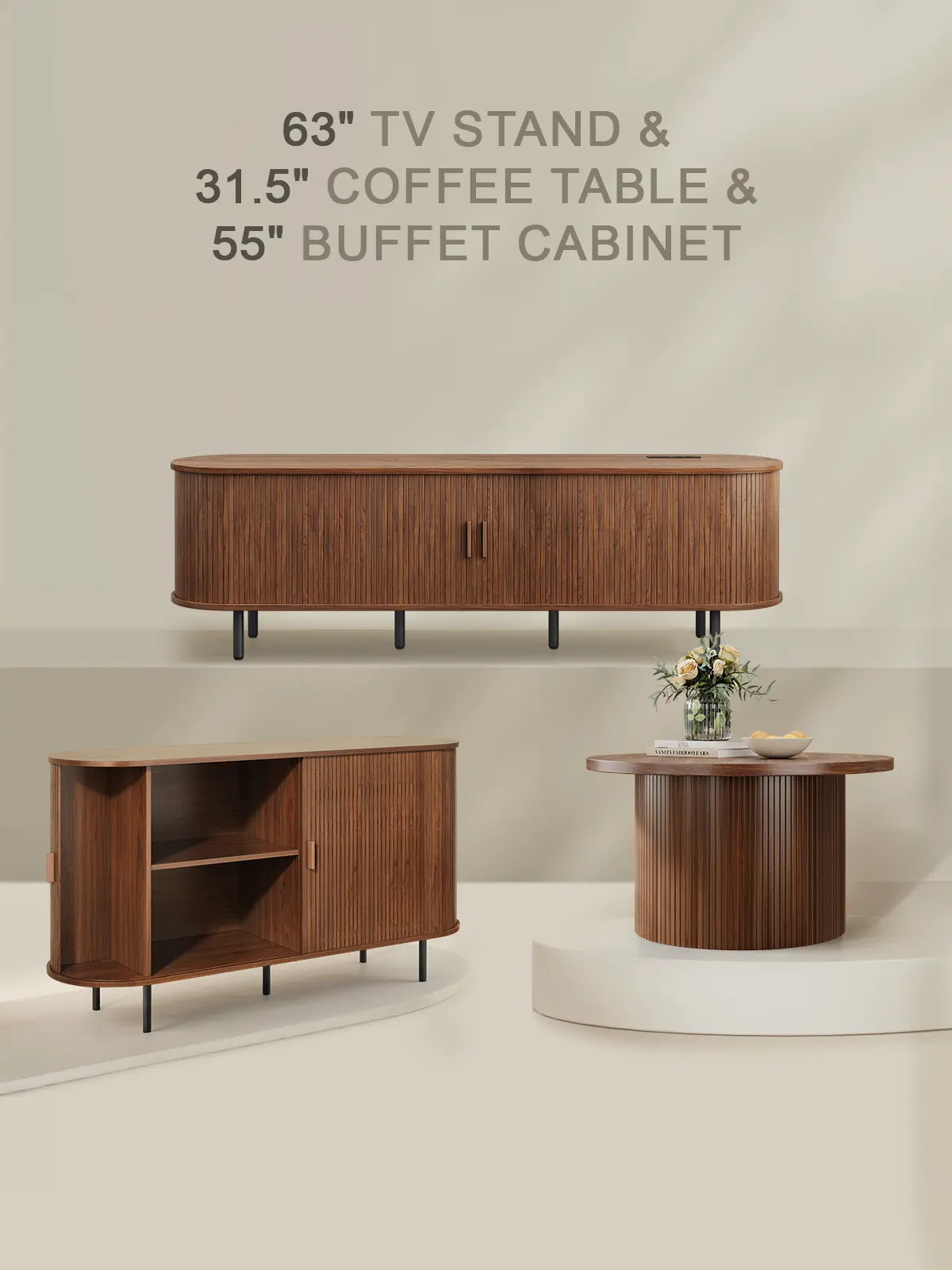 【DealsforYou】onbrill Fluted Collection Oak TV Console Table - Mid-Century Modern TV Stand with Sliding Doors, Charging Station, Buffet Cabinet for Living Room Furniture, Decor for Living Room,dorm essentials,home decor